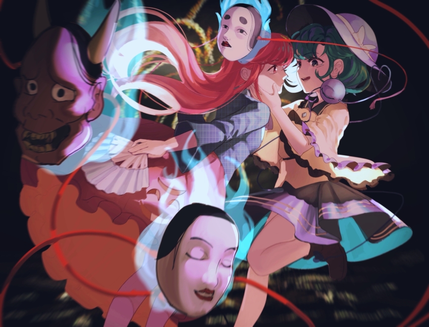 2girls, black_skirt, blue_shirt, commentary_request, green_eyes, hand_fan, hands_on_another's_face, hannya