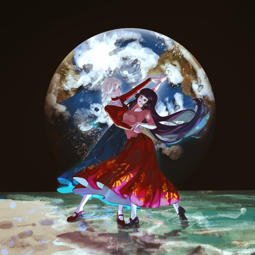 2girls, black_hair, blue_eyes, blue_skirt, braid, breasts, commentary_request, dancing