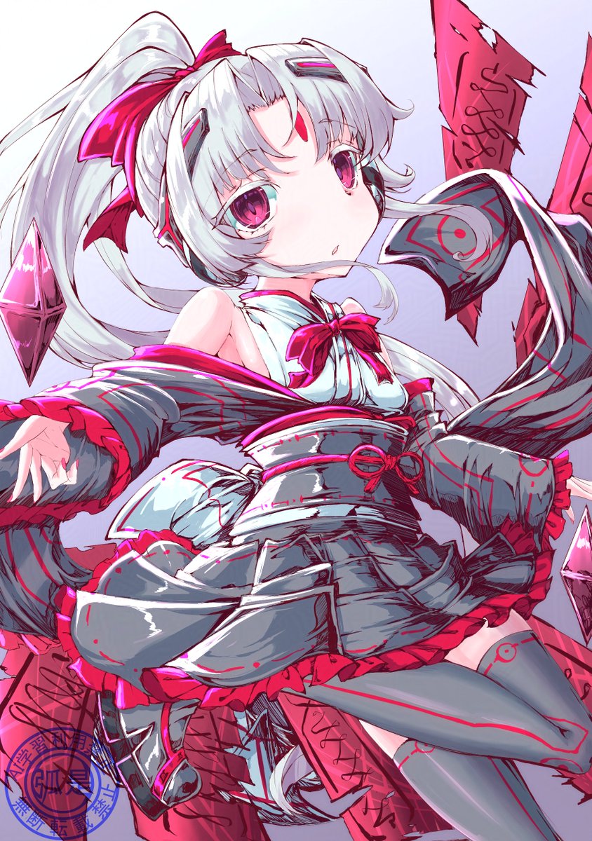 1girl, 966982, back_bow, bare_shoulders, black_boots, black_kimono, black_thighhighs, boots