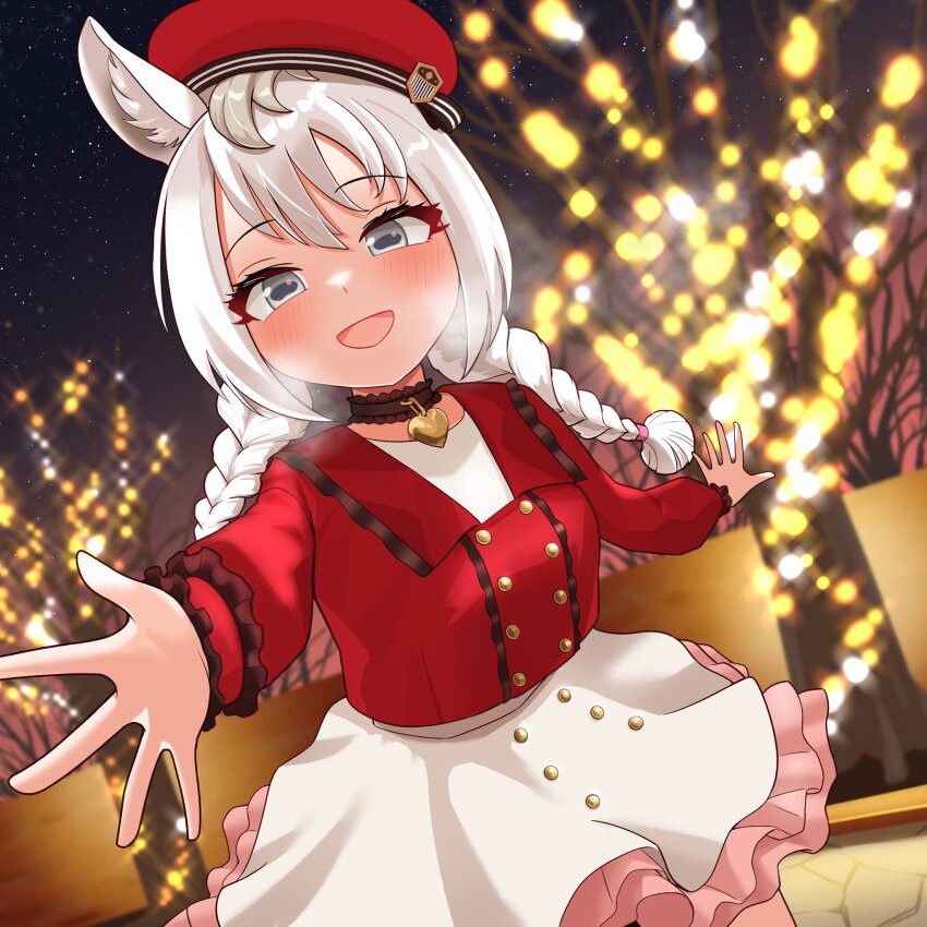 1girl, animal_ears, beret, black_choker, blush, braid, breath, casual