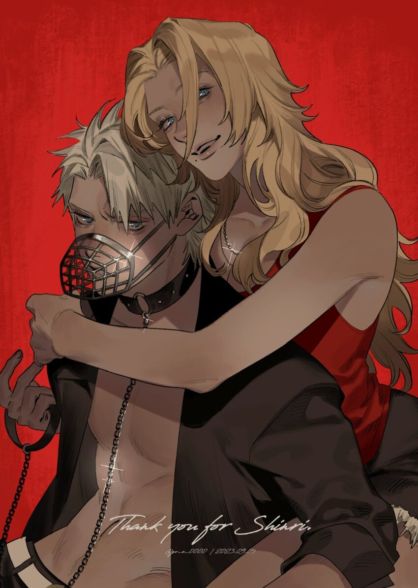 1boy, 1girl, animal_collar, assertive_female, bleach, bleach:_sennen_kessen-hen, blonde_hair, blue_eyes