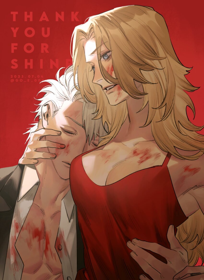 1boy, 1girl, bleach, bleach:_sennen_kessen-hen, blonde_hair, blood, blood_on_clothes, blood_on_face