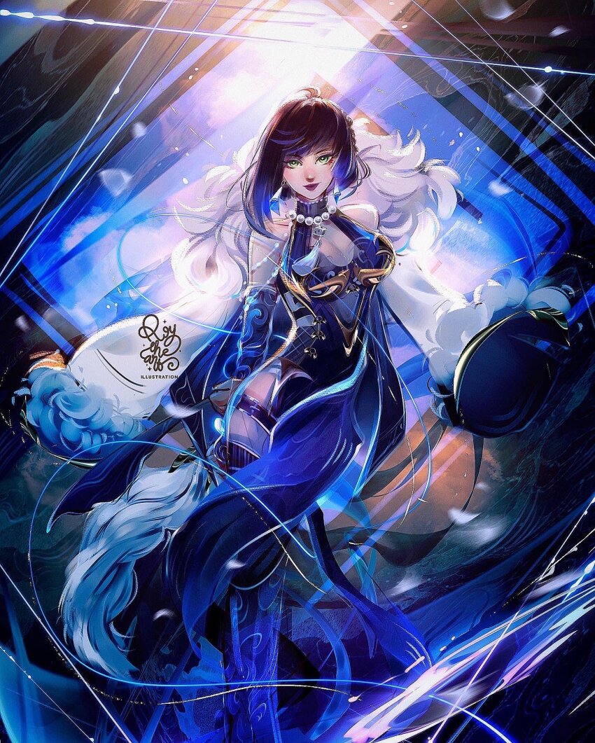 1girl, bare_shoulders, black_hair, blue_hair, breasts, cleavage, commentary, diagonal_bangs