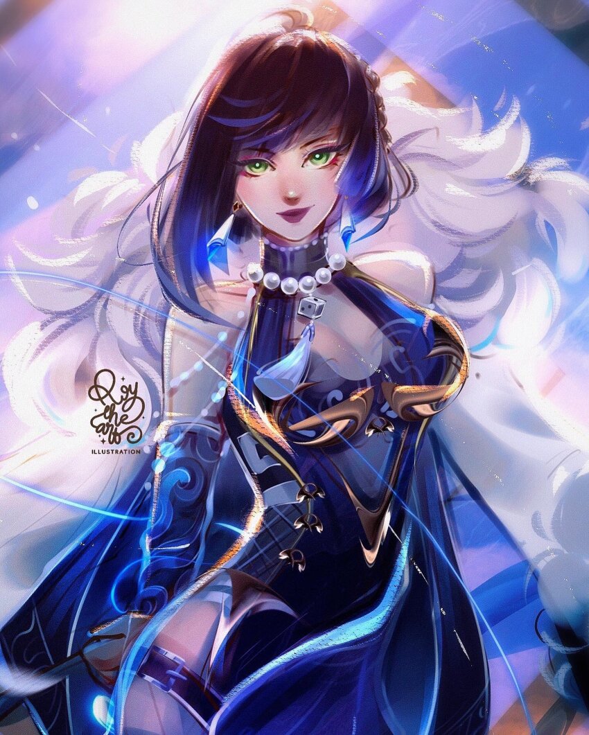 1girl, bare_shoulders, black_hair, blue_hair, breasts, cleavage, commentary, diagonal_bangs