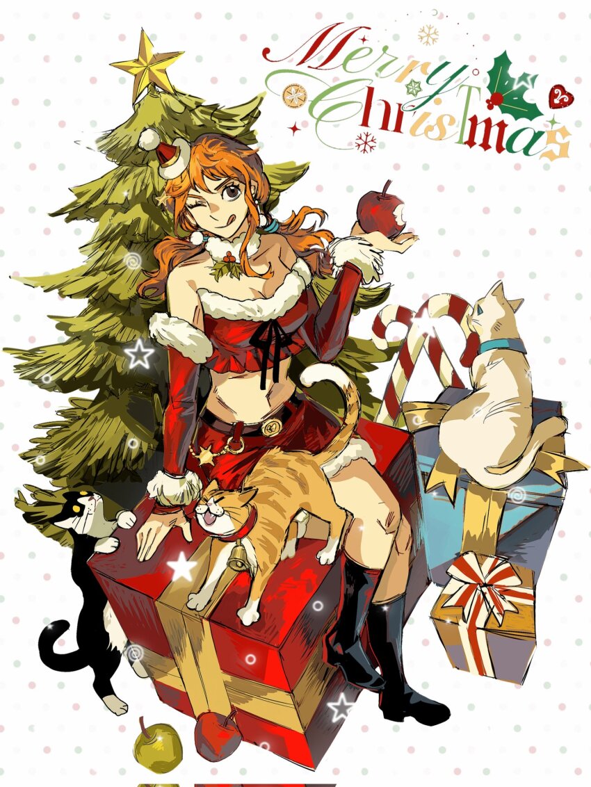 1girl, ;q, a_dong1987, animal, apple, bare_shoulders, belt, black_boots