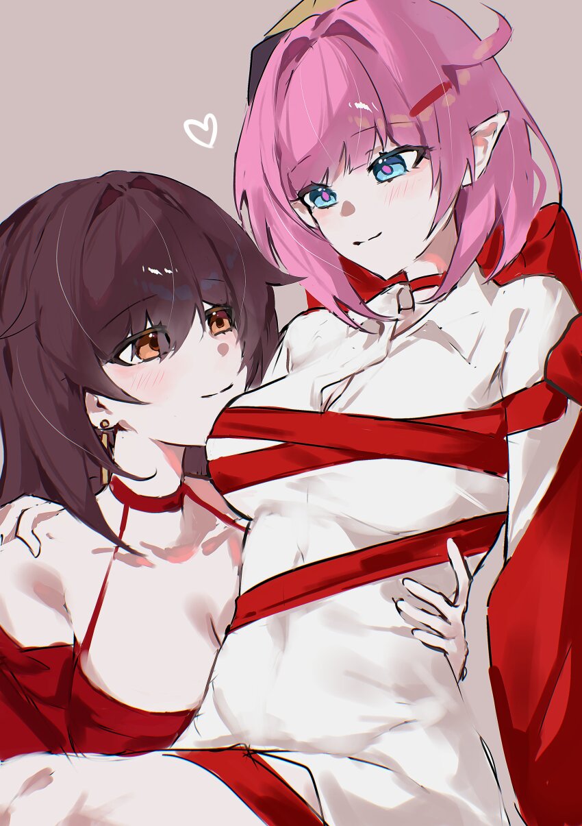 2girls, absurdres, bdsm, bondage, bound, breasts, brown_hair, cleavage