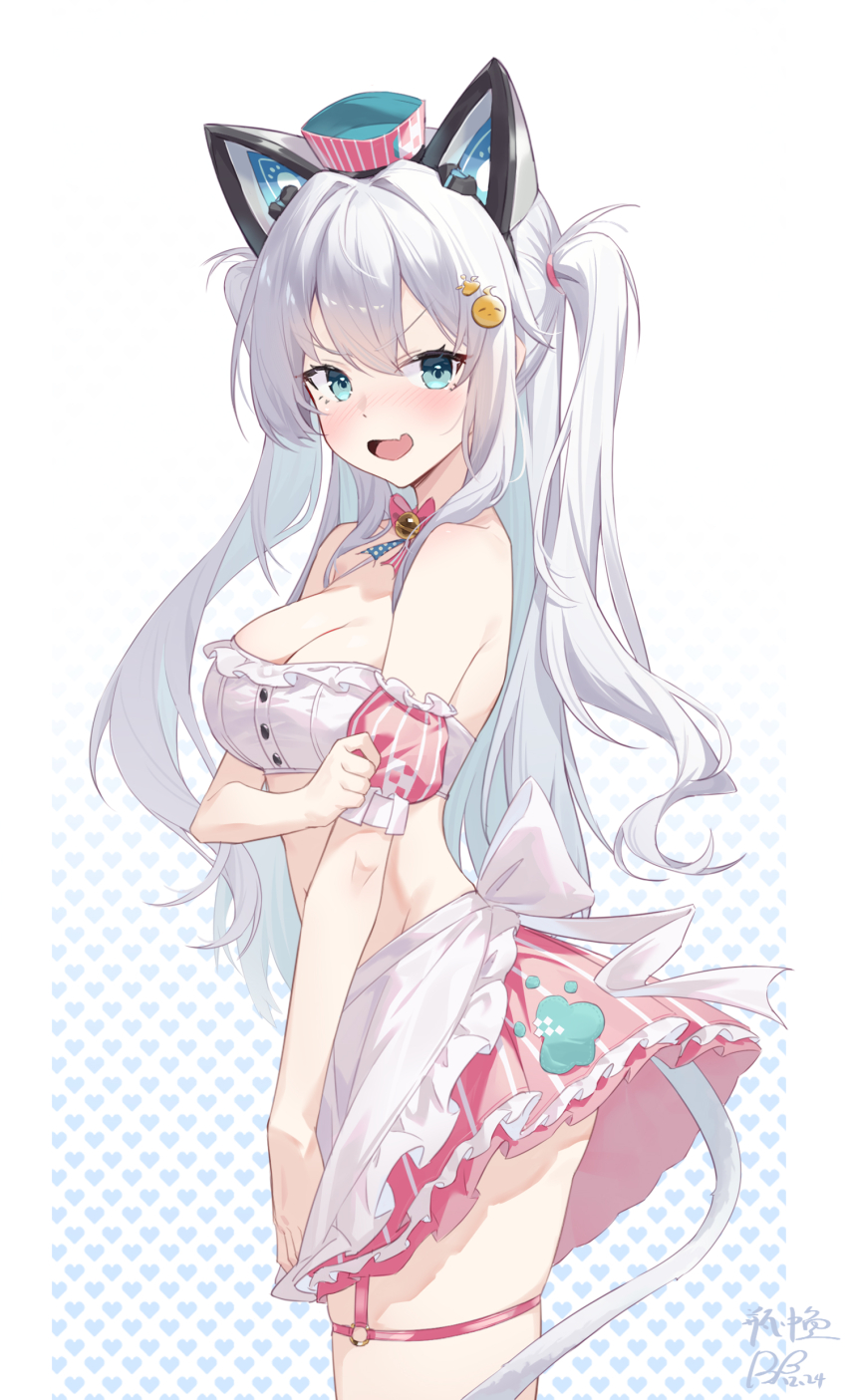 1girl, absurdres, animal_ears, apron, aqua_eyes, azur_lane, blush, breasts, cat_ears, cat_tail, cleavage, commentary_request, fake_animal_ears, fake_tail, fang, hammann_(azur_lane), hammann_ii_(azur_lane), hammann_ii_(hammann's_scrumptious_spells)_(azur_lane), highres, long_hair, looking_at_viewer, medium_breasts, official_alternate_costume, open_mouth, ping_zhong_yu, signature, simple_background, skin_fang, solo, tail, thigh_strap, two_side_up, waist_apron, white_background, white_hair