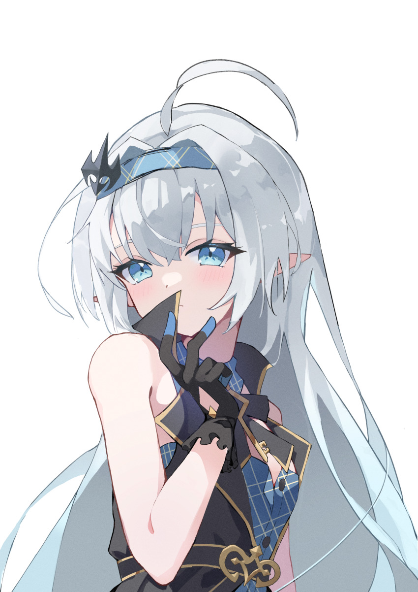 1girl, absurdres, ahoge, bare_shoulders, black_gloves, blue_eyes, blue_hairband, expressionless