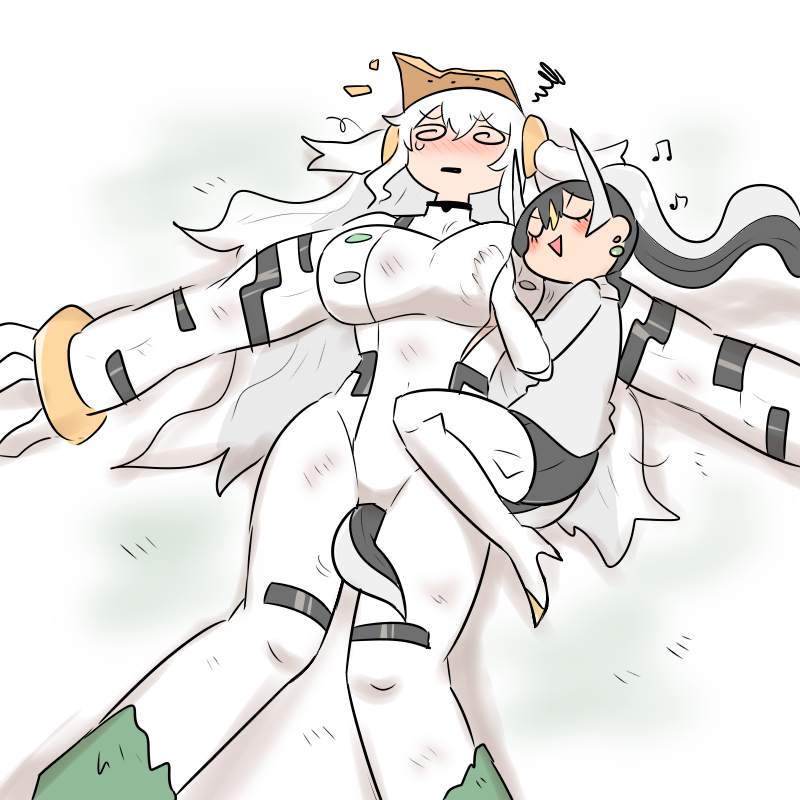 2girls, @_@, afterglow, arceus, between_legs, black_hair, blush, blush_stickers, bodysuit, breasts, broken_mask, commentary, earrings, floating_hair, gen_4_pokemon, groping, high_heels, horns, huge_breasts, inverted_triangle_mouth, jewelry, kasugai_(de-tteiu), legendary_pokemon, long_hair, lying, makhia_(kasugai_(de-tteiu)), maria_(kasugai_(de-tteiu)), mask, messy_hair, multicolored_hair, multiple_girls, musical_note, mythical_pokemon, nintendo, nose_blush, on_back, on_side, outstretched_arms, personification, pokemon, regigigas, size_difference, spread_arms, squiggle, tail, tail_between_legs, teardrop, two-tone_hair, two_side_up, very_long_hair, white_bodysuit, white_hair, yuri