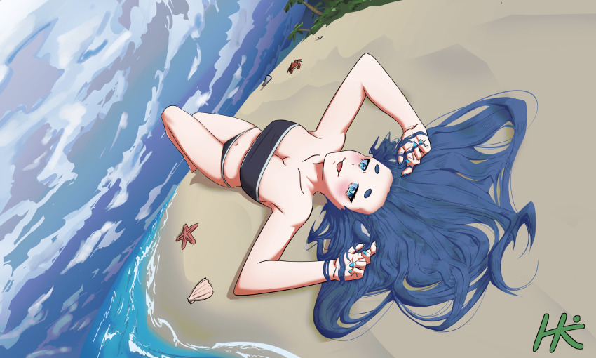 1girl, :q, animal_ears, beach, bear, bear_ears, blue_eyes, blush, breasts, cleavage, fujikura_uruka, highres, hk_(hibiki_kuze), large_breasts, long_hair, looking_at_viewer, naughty_face, navel, non-web_source, ocean, perspective, phase_connect, seductive_smile, sexually_suggestive, smile, smirk, solo, swimsuit, thighs, tongue, tongue_out, virtual_youtuber