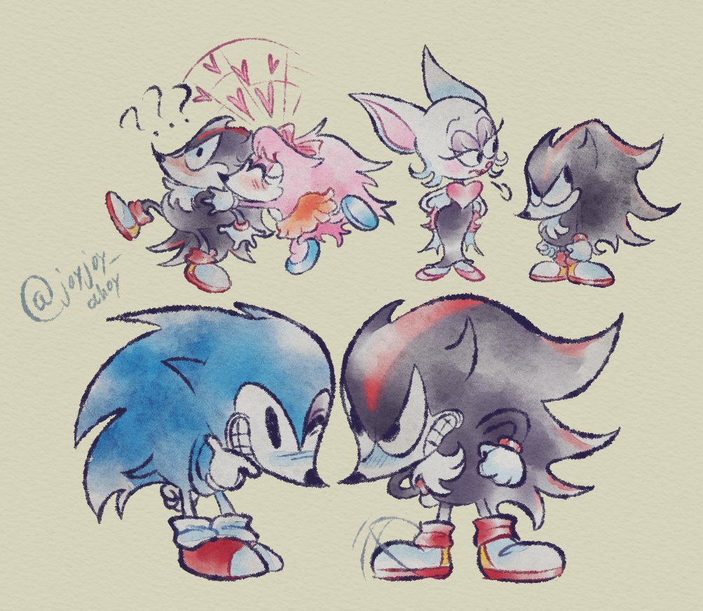 2boys, 2girls, ?, amy_rose, angry, bat_girl, black_fur, blue_fur, bow, commentary, english_commentary, furry, hair_bow, happy, heart, hedgehog_boy, hedgehog_girl, joy_joy_ahoy, kiss, kissing_cheek, multiple_boys, multiple_girls, pink_fur, rouge_the_bat, shadow_the_hedgehog, shoes, signature, sonic_(series), sonic_the_hedgehog, white_fur