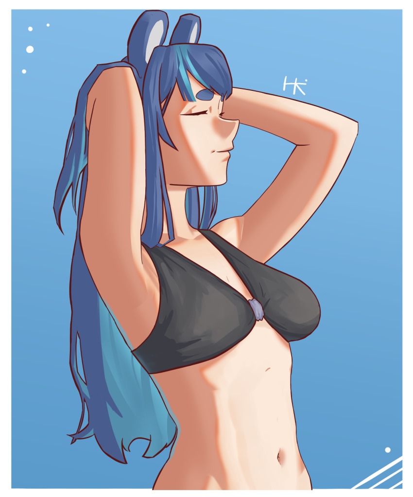 1girl, animal_ears, bear, bear_ears, bear_girl, bikini, black_bikini, blue_hair, breasts, cleavage, fujikura_uruka, highres, hk_(hibiki_kuze), long_hair, medium_breasts, non-web_source, phase_connect, phase_origins, simple_background, smile, solo, swimsuit, very_long_hair, virtual_youtuber