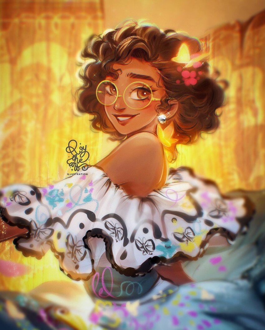 1girl, brown_eyes, brown_hair, colombian_clothes, commentary, curly_hair, dark-skinned_female, dark-skinned_male