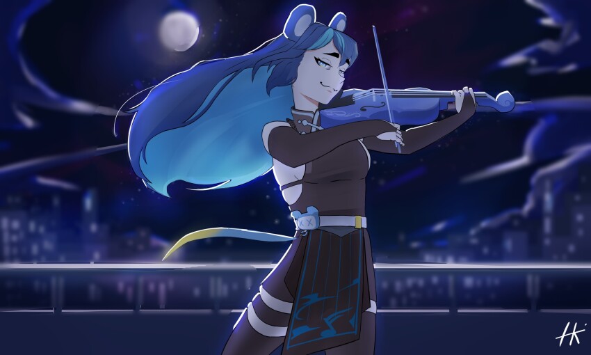 1girl, animal_ears, bear, bear_ears, bear_girl, blue_background, blue_hair, blue_sky