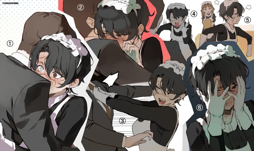 1boy, 2girls, absurdres, angry, apron, artist_name, black_dress, black_hair