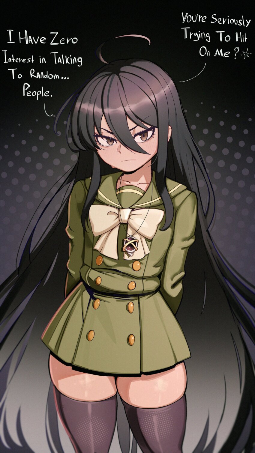 1girl, absurdres, ahoge, amulet, angry, arms_behind_back, black_hair, black_thighhighs