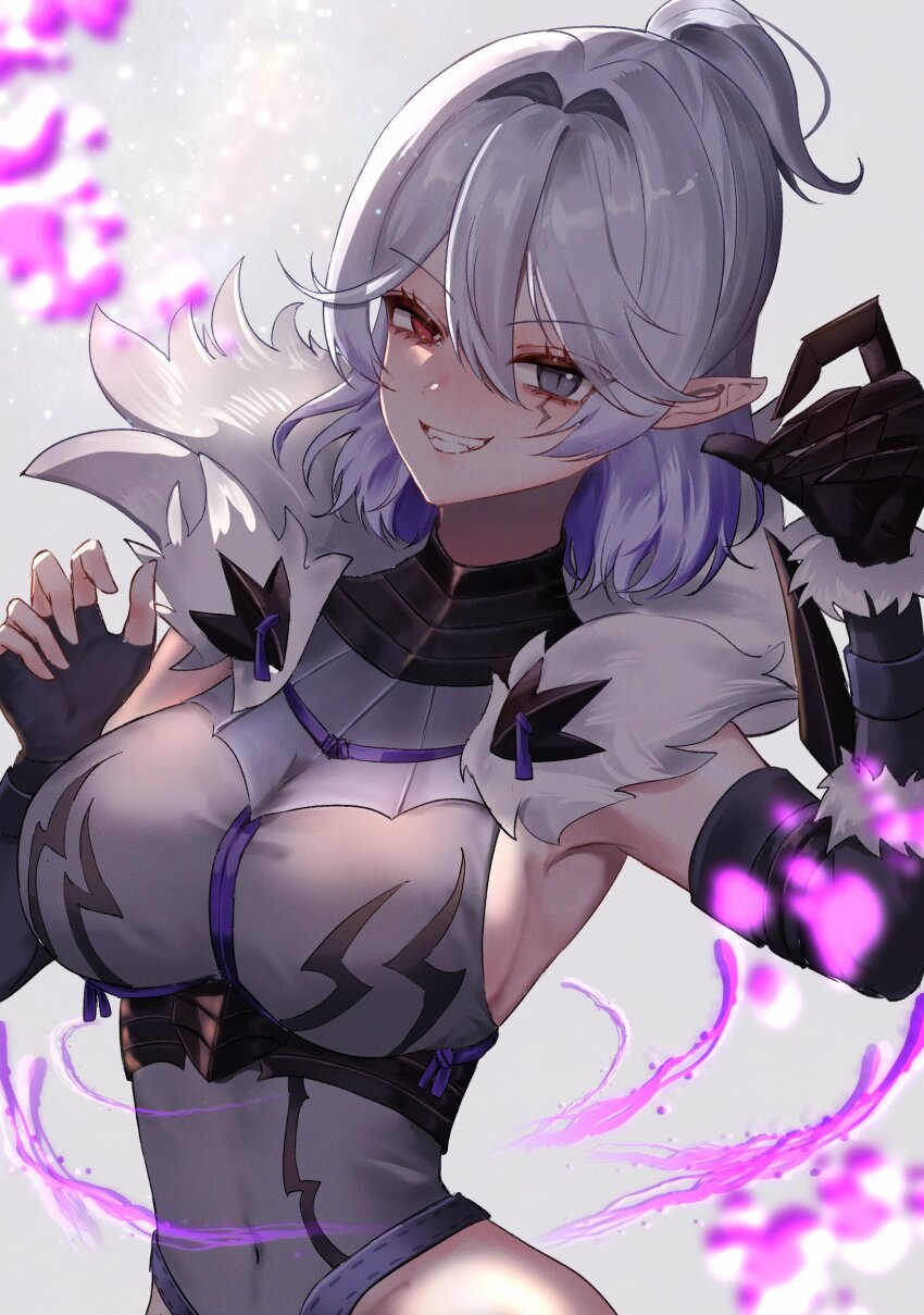 absurdres, arkveld_(armor), bare_hips, black_gauntlets, breasts, commentary, elbow_gloves, english_commentary