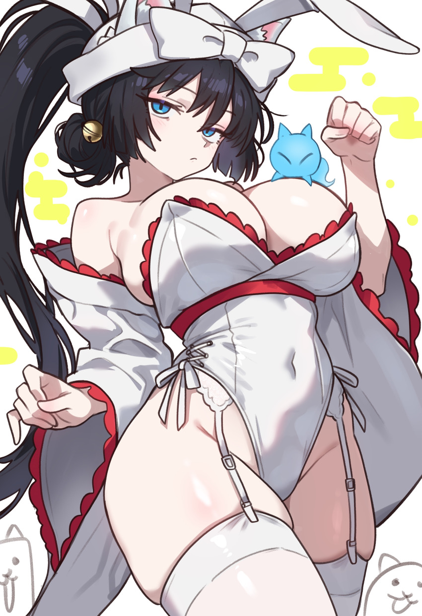1girl, absurdres, animal_ears, bare_shoulders, black_hair, blue_eyes, blush, bow