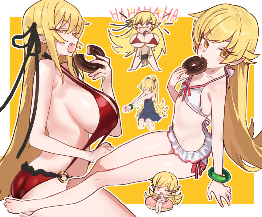 1boy, 1girl, absurdres, age_comparison, araragi_koyomi, ass, bare_shoulders, barefoot, between_breasts, bikini, blonde_hair, blush, breasts, chibi, donut, dual_persona, ebora, fang, food, head_between_breasts, highres, holding, holding_donut, holding_food, kiss-shot_acerola-orion_heart-under-blade, large_breasts, long_hair, looking_at_viewer, monogatari_(series), multiple_views, open_mouth, oshino_shinobu, pointy_ears, sideboob, small_breasts, smile, swimsuit, toes, vampire, very_long_hair, yellow_eyes