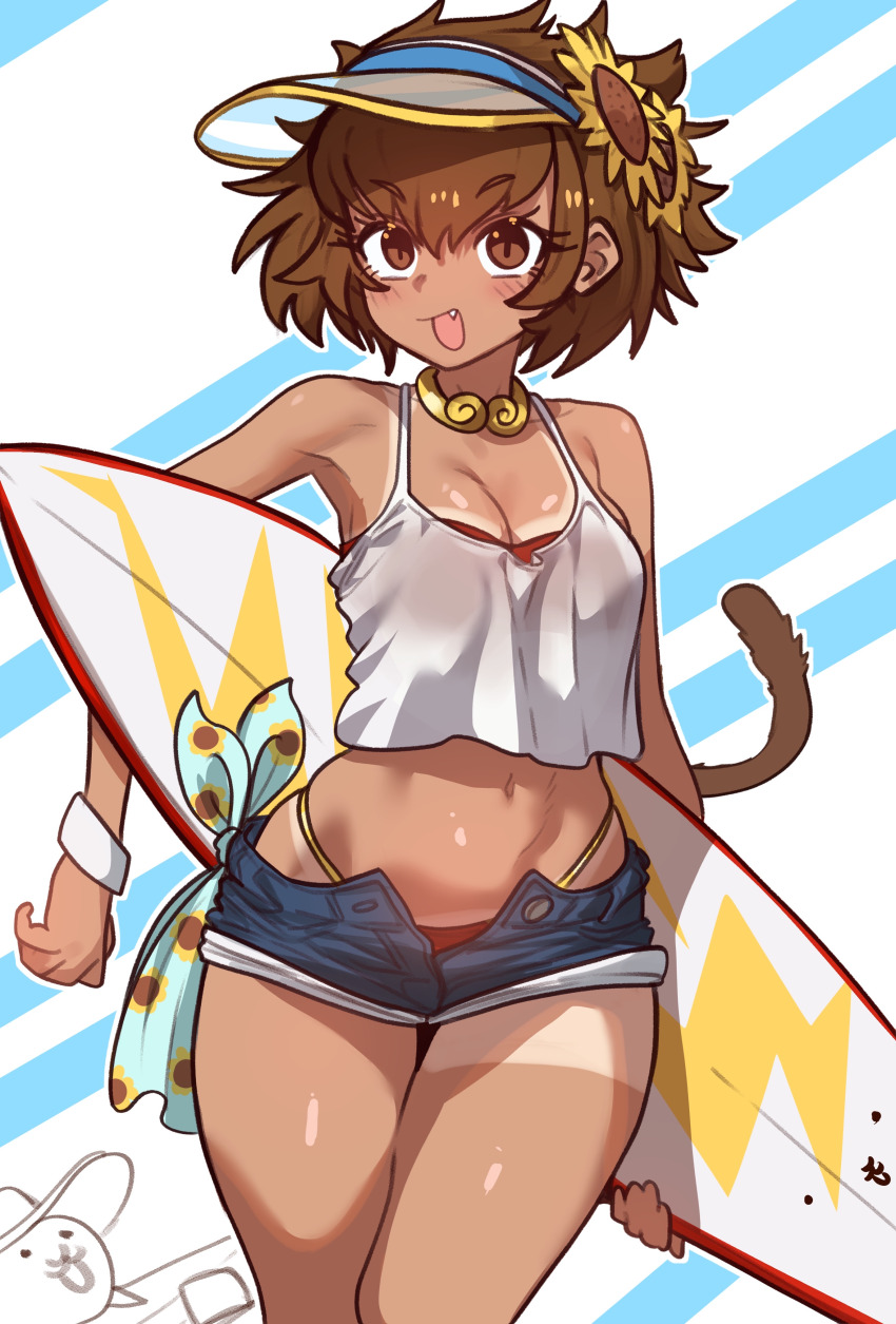 1girl, absurdres, bare_shoulders, bikini, bikini_under_clothes, bikini_visible_through_clothes, blush, breasts, brown_eyes, brown_hair, camisole, choker, cleavage, cowboy_shot, crop_top, dark-skinned_female, dark_skin, ebora, fang, highres, kuu_(nyanko_daisensou), midriff, monkey_tail, navel, nyanko_daisensou, open_mouth, outline, red_bikini, short_hair, short_shorts, shorts, sidelocks, simple_background, small_breasts, smile, solo, surfboard, swimsuit, tail, tan, tanline, two-tone_background, visor_cap, wristband