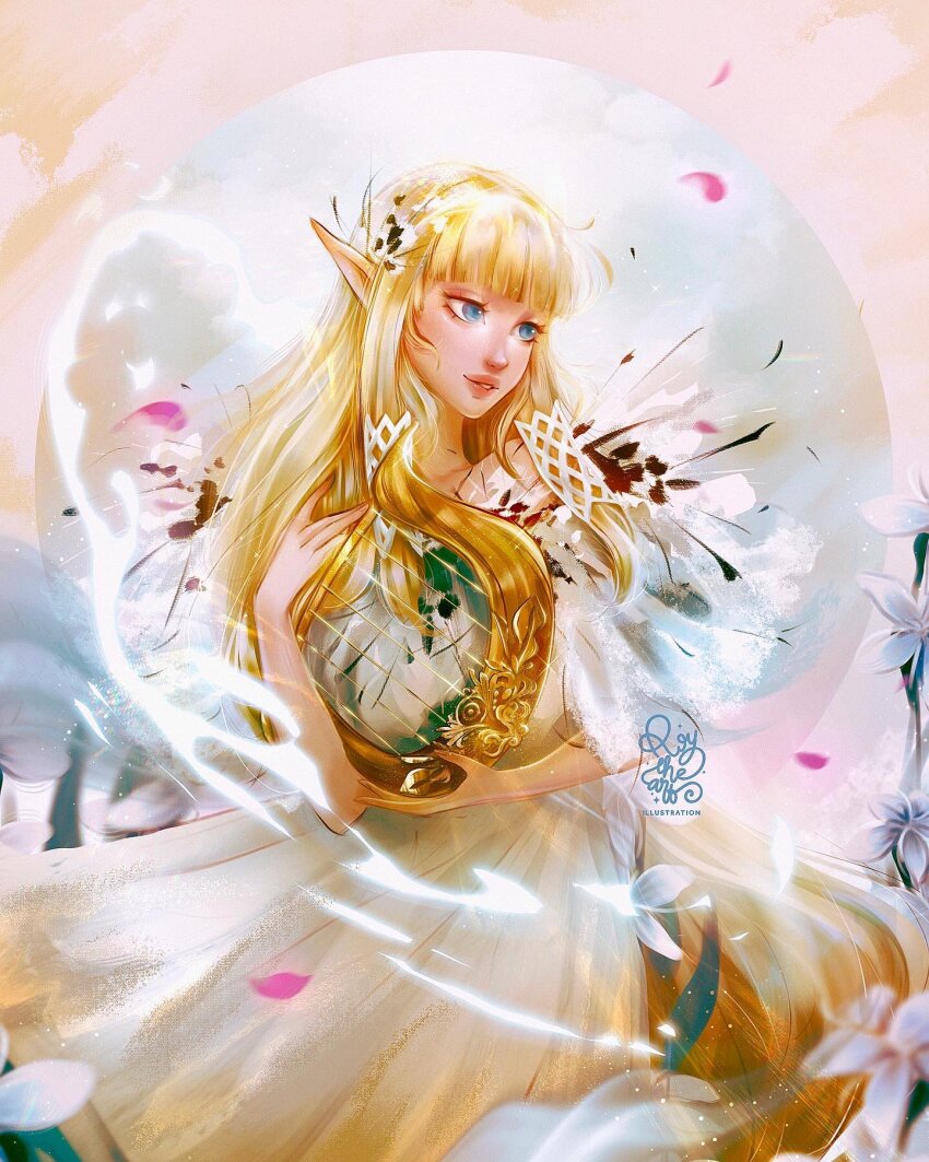 1girl, blonde_hair, blue_eyes, braid, commentary, crown_braid, dress, earrings