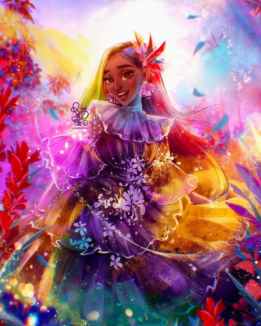 1girl, brown_eyes, brown_hair, commentary, dark-skinned_female, dark_skin, dress, earrings