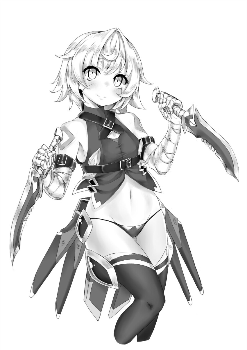 1girl, arm_belt, bandaged_arm, bandages, bare_shoulders, belt, black_panties, black_thighhighs