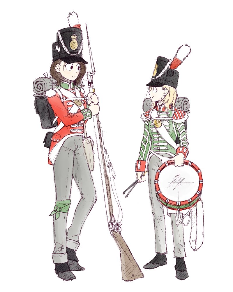 2girls, :>, backpack, bag, bandaged_leg, bandages, bayonet, black_shoes, blonde_hair, brown_hair, clothing_request, commentary, drum, drumsticks, dutch_army, english_commentary, full_body, green_jacket, grey_pants, gun, hat, hat_tassel, hatching_(texture), holding, holding_drumsticks, holding_gun, holding_instrument, holding_weapon, insignia, instrument, jacket, linear_hatching, looking_at_another, medium_hair, military_hat, military_jacket, military_uniform, multiple_girls, musket, napoleonic_wars, netherlands, original, pants, pants_rolled_up, plume, red_jacket, schpaghettizie1, shoes, shoulder_bag, simple_background, size_difference, sketch, smile, soldier, standing, weapon, white_background, wide-eyed