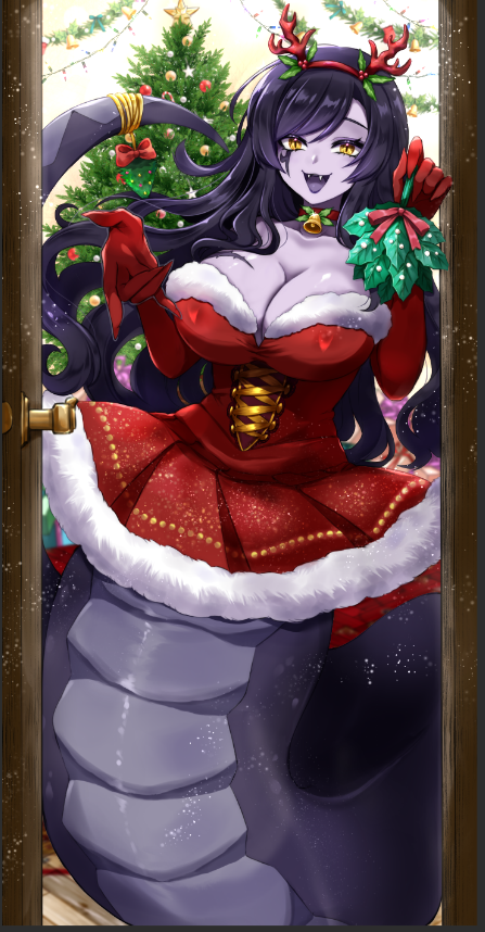 1girl, black_hair, breasts, choker, cleavage, colored_skin, commentary, dress