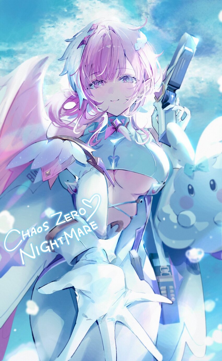 1girl, angel, angel_wings, bag, blush, bow, breasts, chaos_zero_nightmare, closed_mouth, clothing_cutout, cloud, commentary, copyright_name, diana_(chaos_zero_nightmare), dress, english_commentary, fake_wings, flower-shaped_pupils, gloves, gun, hair_ornament, handbag, heart, highres, holding, holding_gun, holding_weapon, long_hair, looking_at_viewer, multicolored_hair, open_hand, outstretched_hand, pink_eyes, pink_hair, pointy_ears, reaching, reaching_towards_viewer, shia_job, single_wing, sky, smile, spread_fingers, streaked_hair, symbol-shaped_pupils, two-tone_hair, underboob, underboob_cutout, weapon, white_dress, white_gloves, white_hair, wings