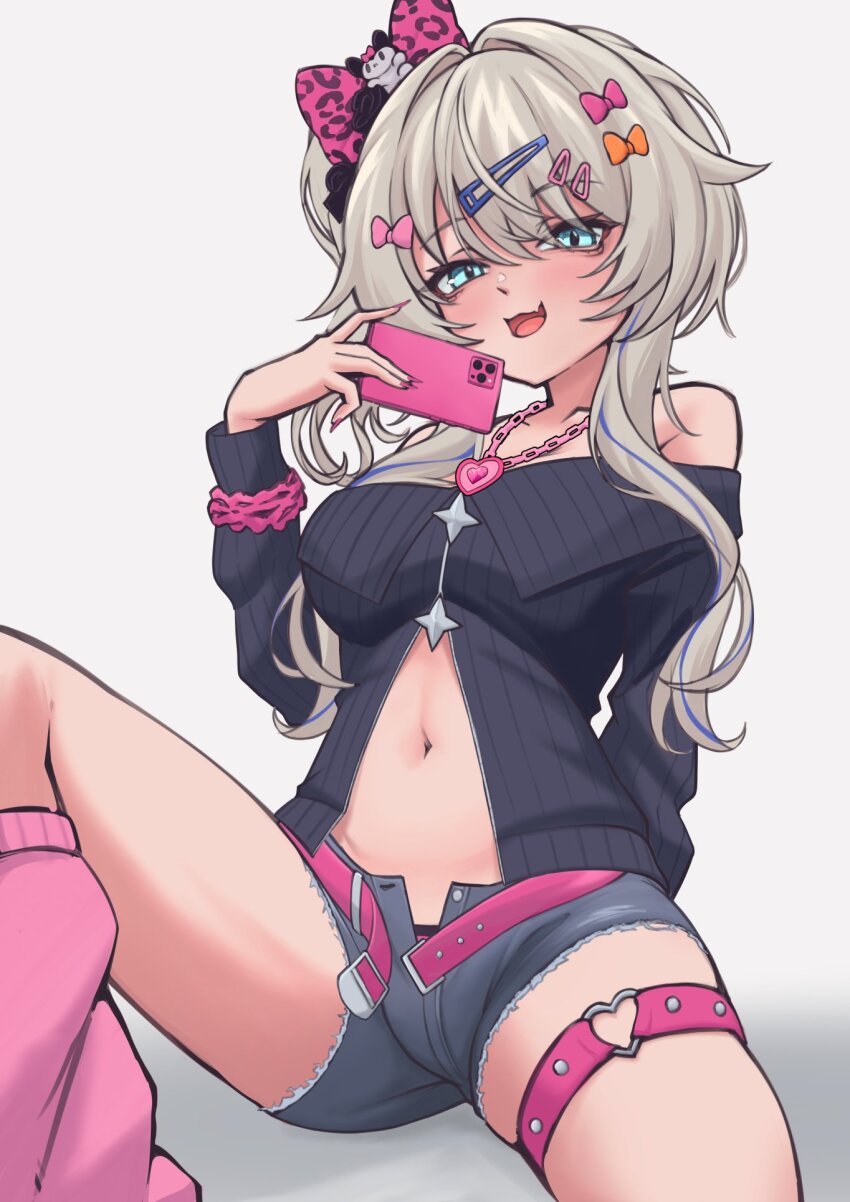 1girl, belt, blue_eyes, blue_hair, bow, grey_hair, grey_shorts, gyaru