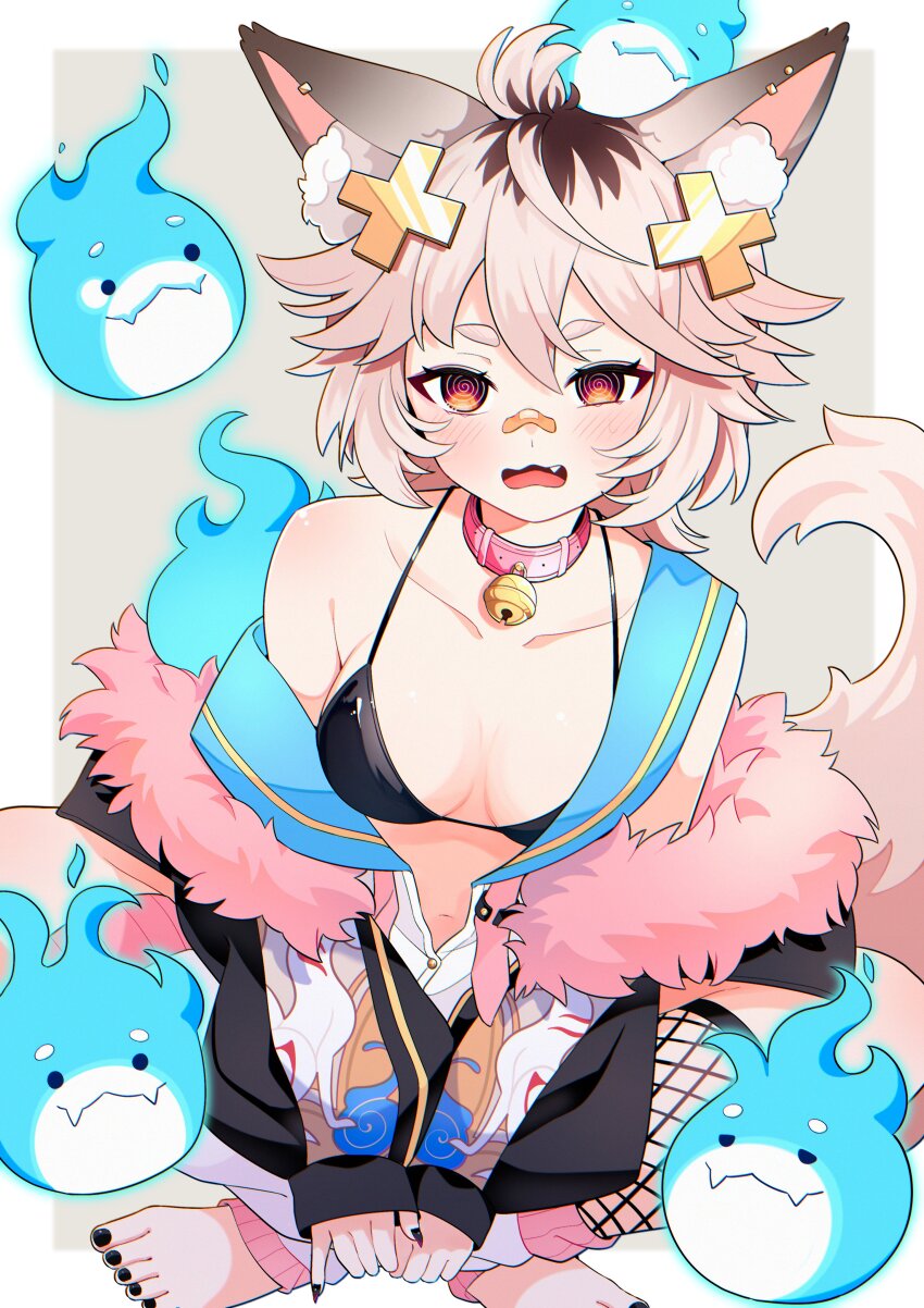 1girl, @_@, absurdres, ahenama, animal_ear_fluff, animal_ears, asymmetrical_legwear, bandaid