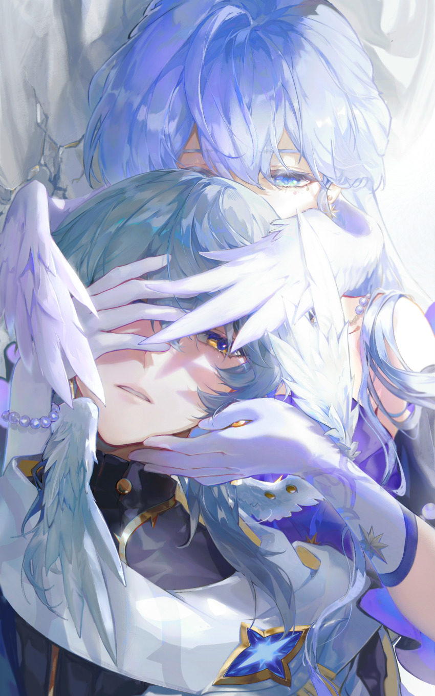 1boy, 1girl, bead_bracelet, beads, black_shirt, blue_coat, blue_eyes, blue_hair