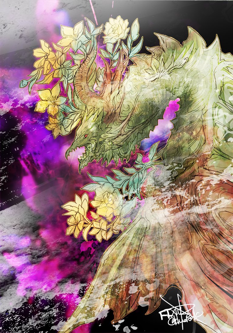 brown_horns, commentary, copyright_name, dragon, final_fantasy, final_fantasy_xiv, flower, horns