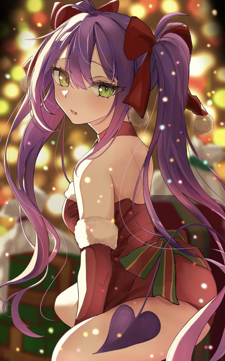 1girl, bare_shoulders, bow, breasts, commentary_request, demon_girl, demon_tail, detached_sleeves