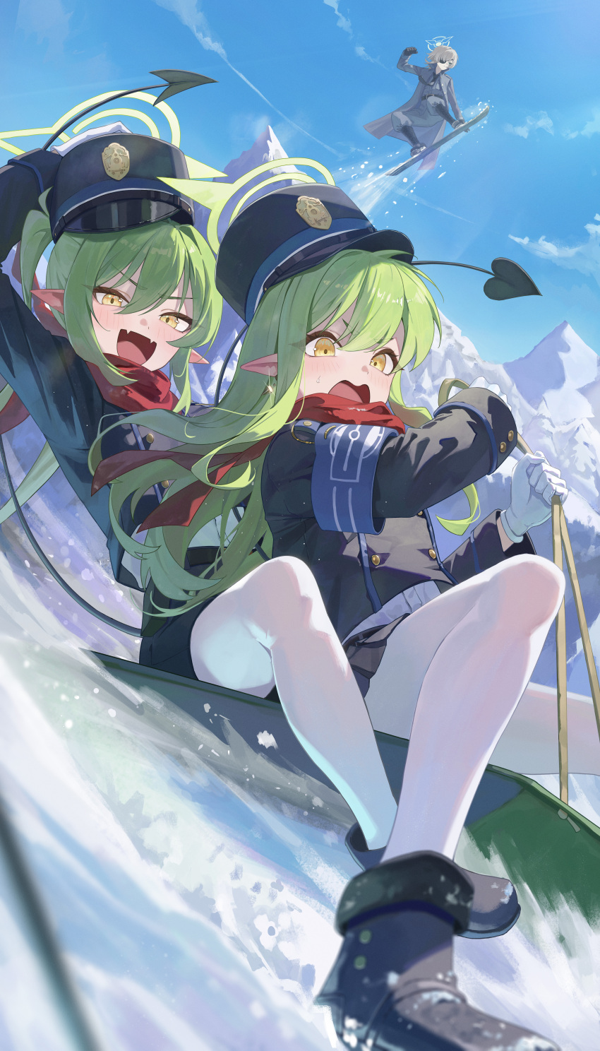 2girls, absurdres, blazer, blue_archive, boots, commentary, gloves, green_hair