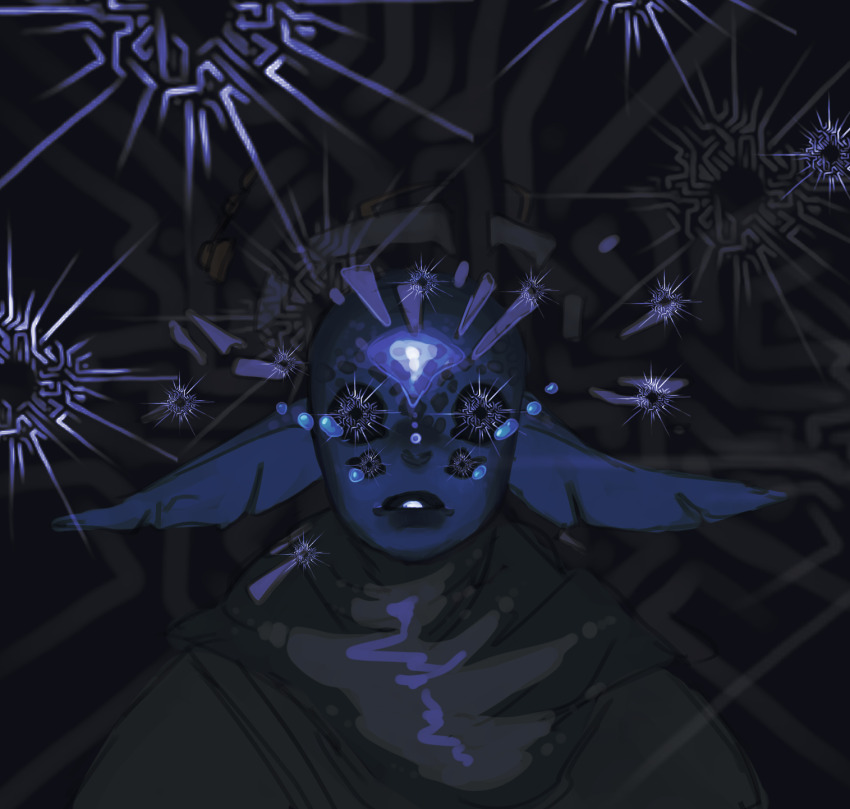 1other, blue_skin, broken_helmet, colored_skin, commentary, english_commentary, eye_of_the_universe, facing_viewer