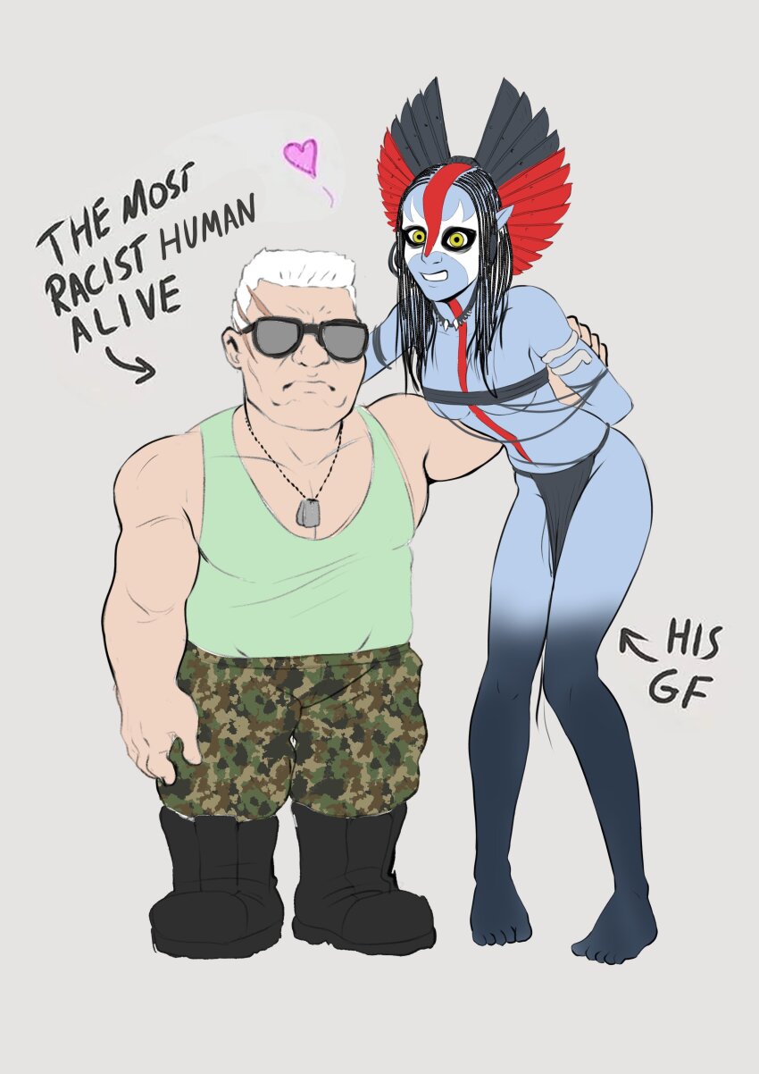 1boy, 1girl, absurdres, alien, avatar:_fire_and_ash, black_boots, black_hair, black_loincloth, blue_skin, boots, camouflage, camouflage_pants, chest_sarashi, colored_skin, dog_tags, english_text, green_tank_top, grey_background, grey_hair, heart, highres, james_cameron's_avatar, looking_at_viewer, miles_quaritch, na'vi, pants, pointy_ears, sarashi, short_hair, simple_background, sunglasses, tank_top, thuarts, varang, yellow_eyes