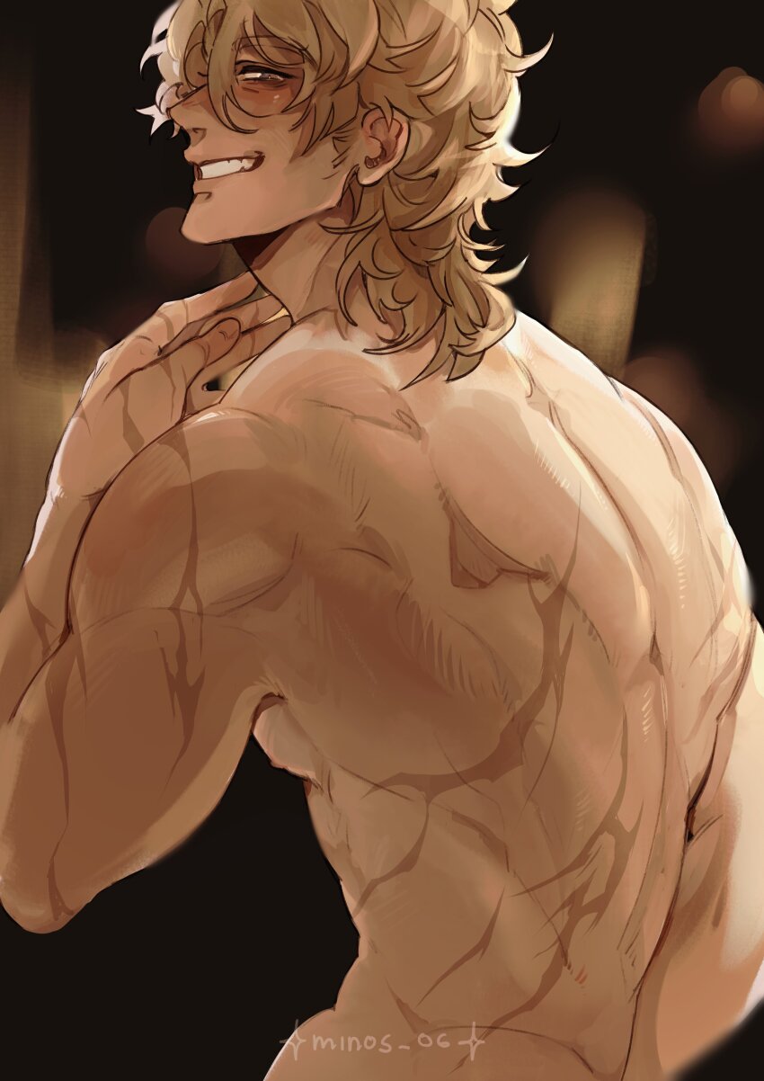 1boy, absurdres, arm_up, bara, blonde_hair, commentary, completely_nude, cowboy_shot