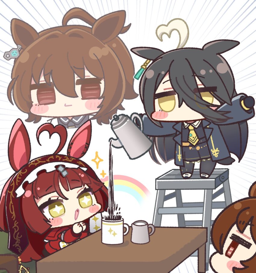 +_+, 3girls, agnes_tachyon_(tach-nology)_(umamusume), agnes_tachyon_(umamusume), ahoge, animal_ears, black_coat, black_gloves, black_hair, black_pantyhose, black_shirt, blunt_bangs, blunt_ends, blunt_sidelocks, blush, blush_stickers, brown_headdress, chemical_structure, chibi, closed_mouth, coat, coffee, coffee_mug, collared_shirt, commentary_request, cup, dress, ear_tag, earrings, frilled_hairband, frills, gloves, hair_between_eyes, hairband, highres, horse_ears, horse_girl, horse_tail, jewelry, lab_coat, ladder, layered_hair, long_bangs, long_hair, long_hair_between_eyes, long_sleeves, manhattan_cafe_(creeping_shadow)_(umamusume), manhattan_cafe_(umamusume), mokemongetdaze, mug, multicolored_hair, multiple_girls, necktie, open_mouth, pantyhose, pitcher_(container), pouring, rainbow, red_desire_(umamusume), red_dress, red_hair, red_hairband, red_headdress, red_veil, shirt, sidelocks, single_earring, skirt, smile, sparkle, star-shaped_pupils, star_(symbol), star_ornament, steaming_cup, symbol-shaped_pupils, tail, umamusume, veil, white_coat, white_hair, wolf_cut, yellow_eyes, yellow_necktie