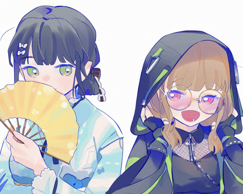 2girls, 37.5c_no_fantasy, :d, black_coat, black_hair, black_shirt, blue_kimono, brown_hair