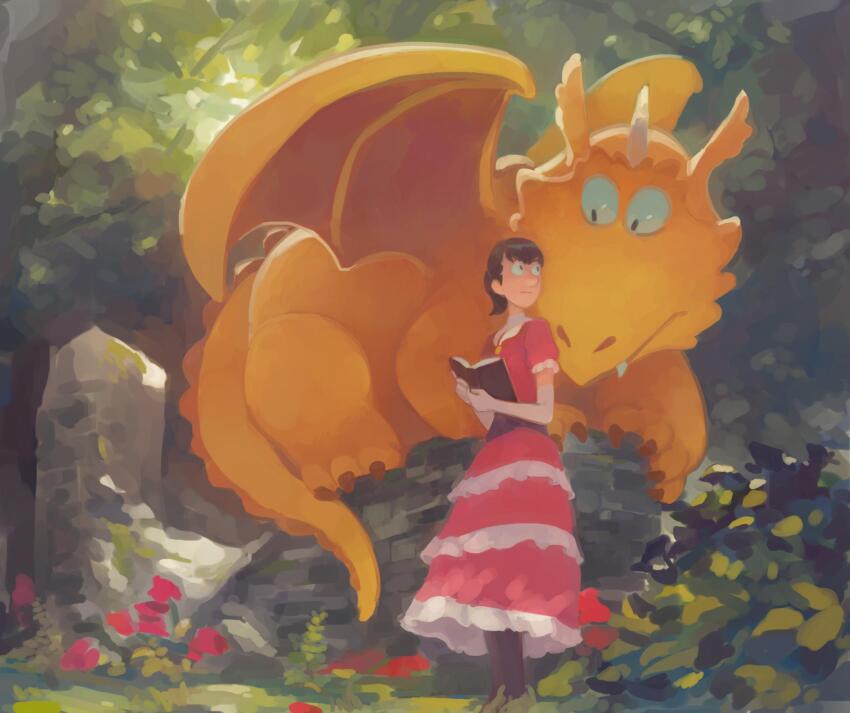 1girl, book, brown_hair, dragon, dragon_horns, dress, elbow_gloves, feason, flower, frilled_dress, frills, full_body, garden, gloves, highres, holding, holding_book, horns, original, ponytail, red_dress, smile, white_gloves, yellow_dragon