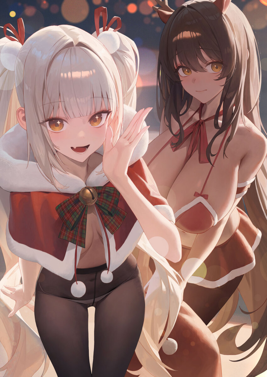 2girls, antlers, bikini, black_pantyhose, blanc_(nikke), breasts, brown_hair, cape, cleavage, commentary, dark-skinned_female, dark_skin, english_commentary, fang, goddess_of_victory:_nikke, highres, huge_breasts, long_hair, looking_at_viewer, medium_breasts, multiple_girls, noir_(nikke), open_mouth, panties, panties_under_pantyhose, pantyhose, red_bikini, red_cape, reindeer_antlers, santa_bikini, santa_cape, santa_costume, siblings, sisters, skin_fang, smile, swimsuit, twintails, underwear, very_long_hair, white_hair, white_panties, xi_xeong, yellow_eyes