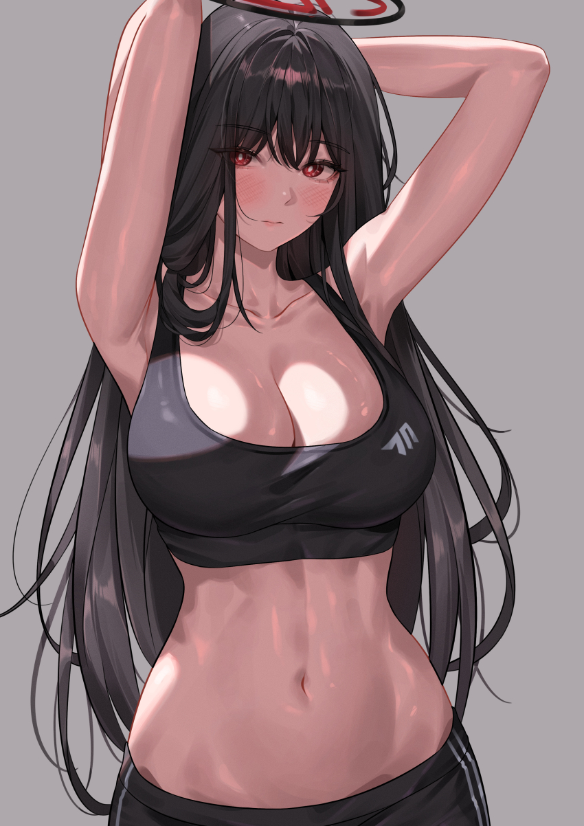 1girl, absurdres, armpits, arms_behind_head, arms_up, bare_shoulders, black_hair, black_halo