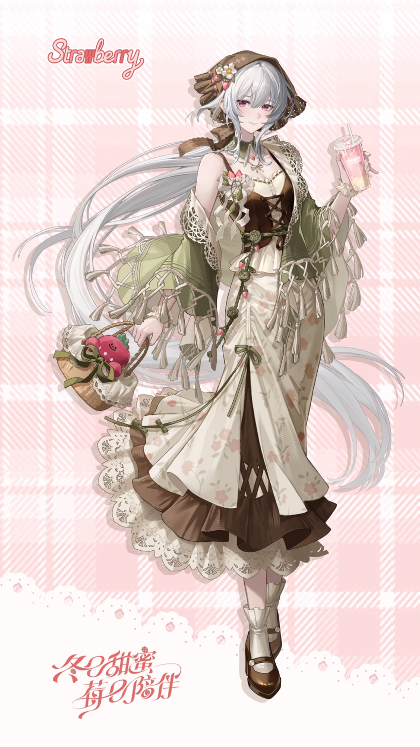 1girl, artist_request, bare_shoulders, basket, blush, bonnet, bow, bow_necklace