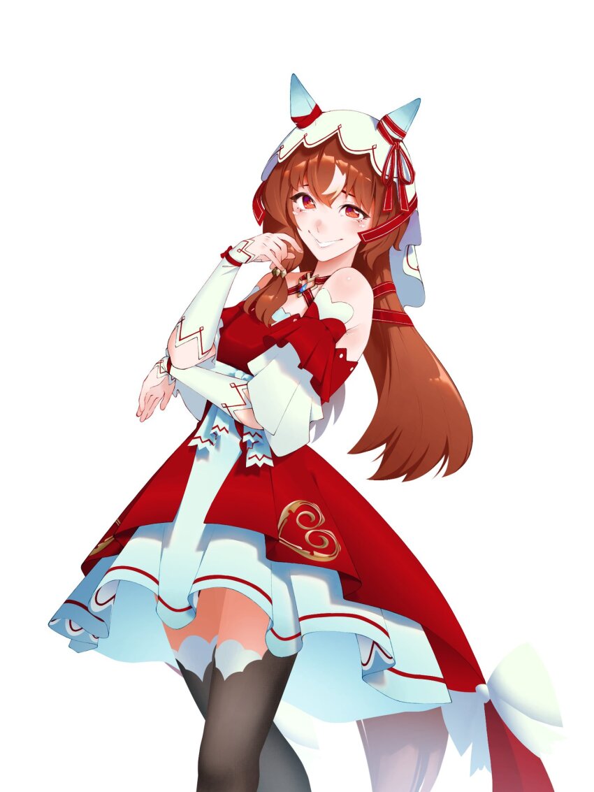 1girl, animal_ears, brown_hair, commentary, detached_sleeves, dress, english_commentary, highres