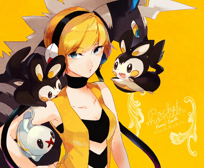 10s, 1girl, blonde_hair, collarbone, elesa_(pokemon), emolga, gen_5_pokemon, green_eyes
