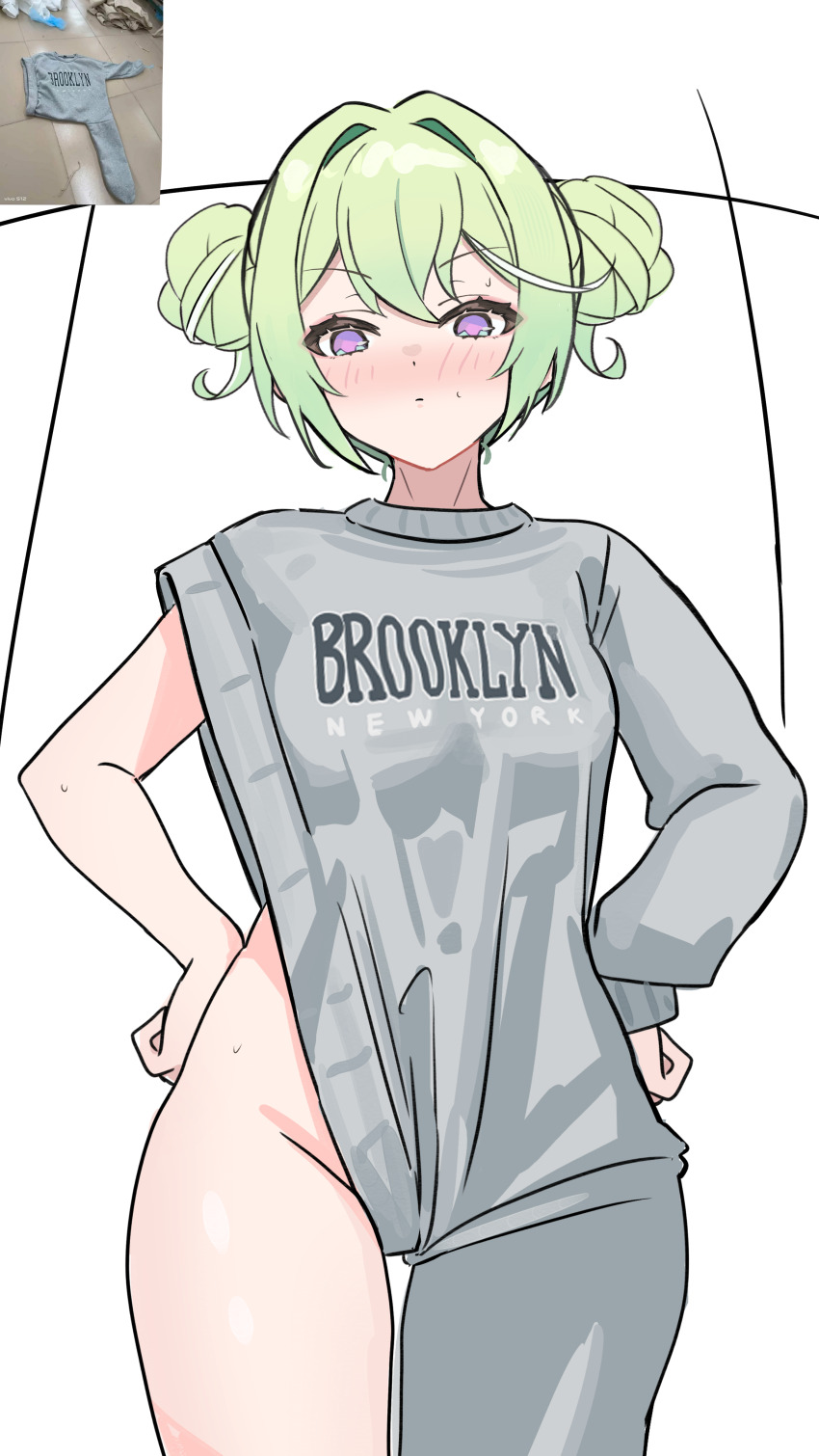 1girl, absurdres, asymmetrical_clothes, blush, brooklyn_sweater_(meme), closed_mouth, clothes_writing, commentary