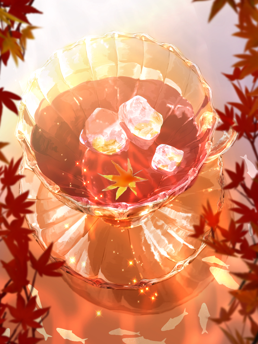 absurdres, autumn_leaves, caustics, cherry_blossoms, commentary_request, cup, day, dispersion_(optics)