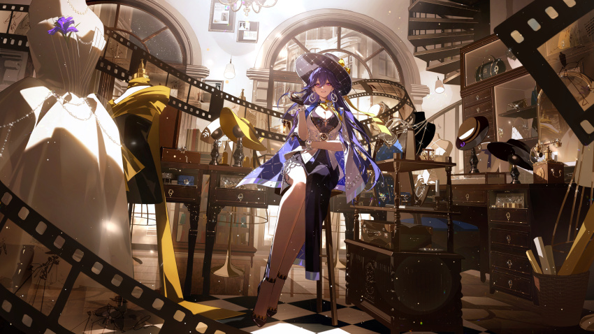 1girl, absurdres, black_dress, black_gloves, black_hat, breasts, checkered_floor, dress